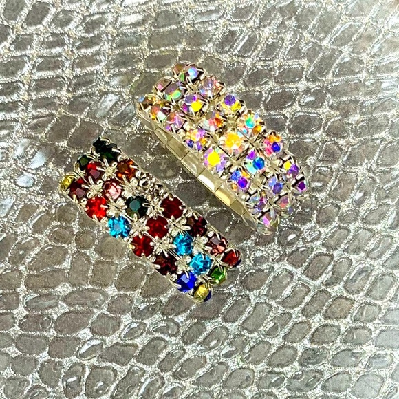 2 CRYSTAL RINGS 3 Row Stretch Clear AB and Multi Color Finger or Toe Rings NEW - Picture 1 of 3